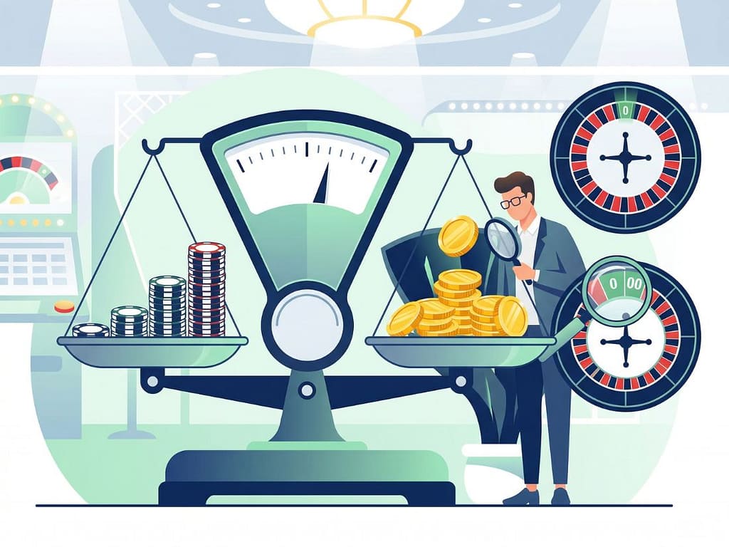 저울의 마틴게일 배팅 칩 스택과 금화 더미(승률)를 분석가가 미국식 룰렛 휠 다이어그램 옆에서 돋보기로 면밀히 관찰하고 있다.