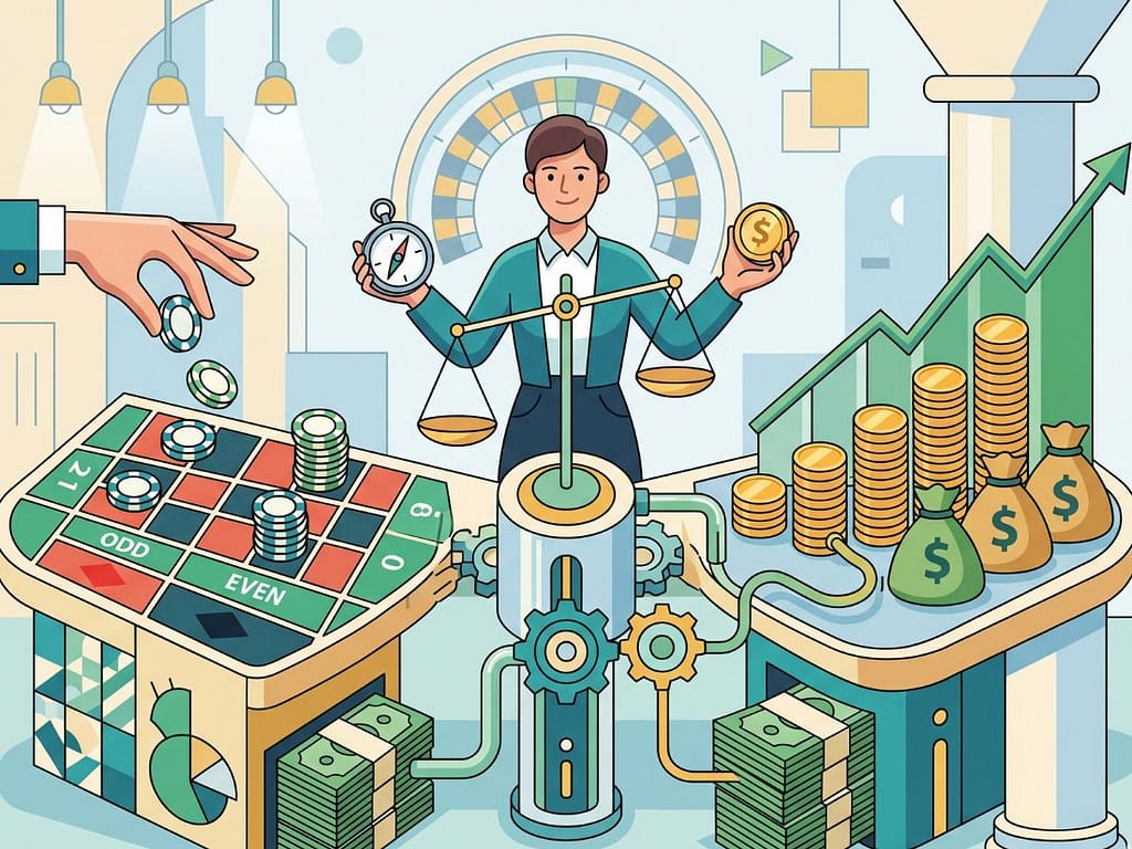 룰렛 아웃사이드 베팅 시스템과 자본 운용 전략을 저울과 톱니바퀴 구조로 결합하여 체계적인 뱅크롤 매니지먼트를 보여주는 전략 분석도.