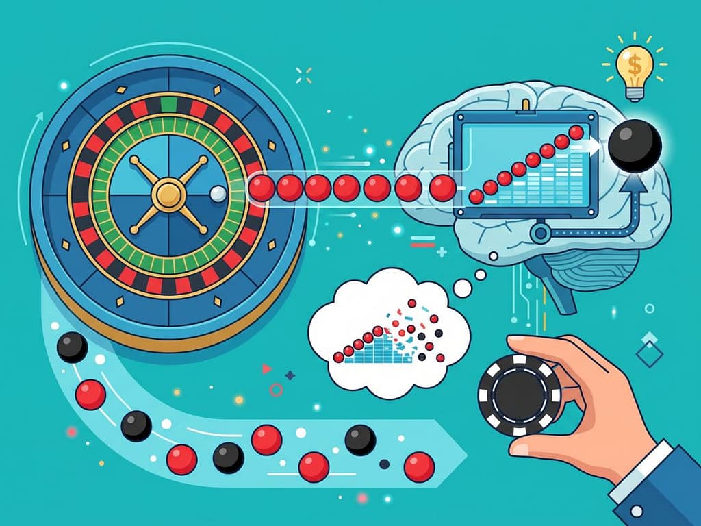 룰렛 휠과 테이블 위에서 인간의 뇌가 번호들의 잘못된 패턴을 찾으며 붕괴하는 모습.