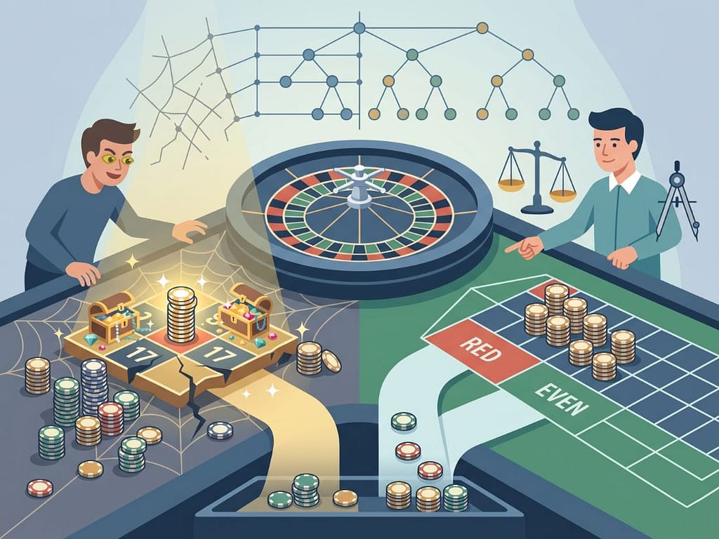 룰렛 고배당의 함정과 아웃사이드 베팅의 확률적 접근법을 대조하여 시드머니 소진 방지 전략을 보여주는 분석도.