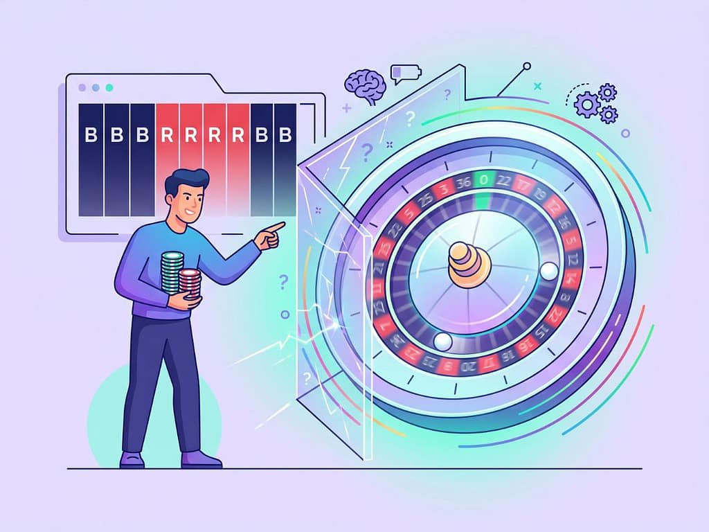 룰렛 결과 기록판을 보며 다음 번호를 예측하려는 플레이어와 모든 스핀이 독립 시행임을 상징하는 룰렛 휠의 모습.