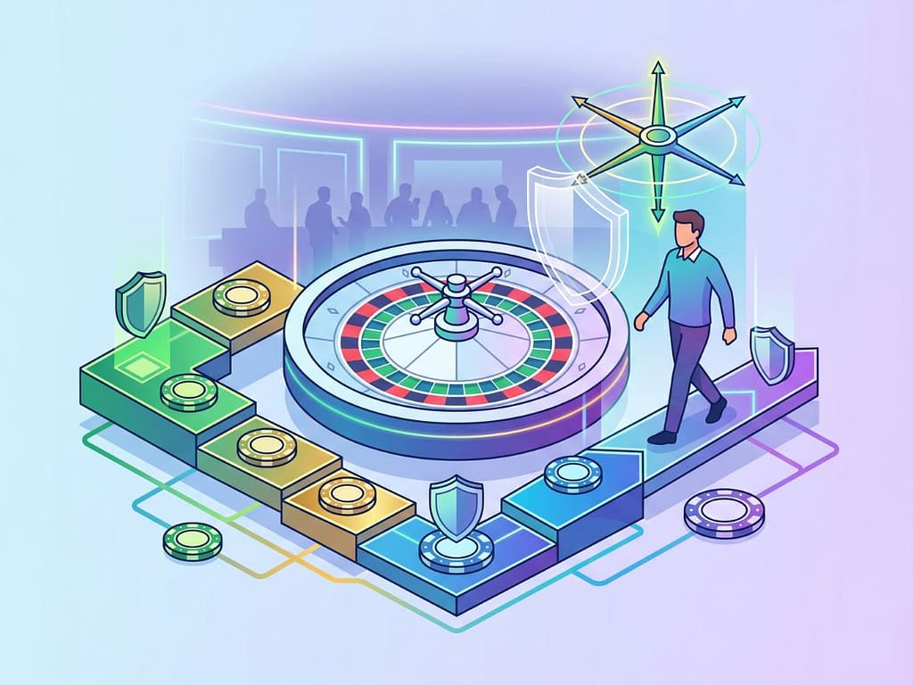 룰렛 테이블 위에서 계획된 경로를 따라 걸으며 방패와 나침반으로 자금 관리를 수행하는 실전 룰렛 전략의 모습.