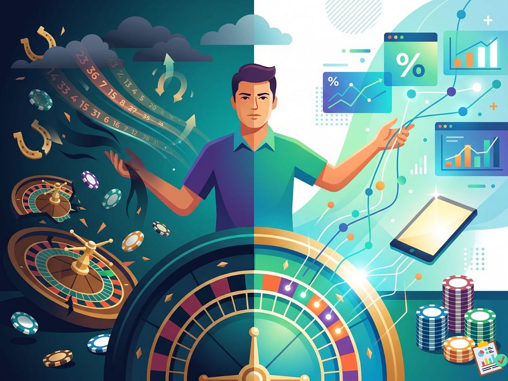 룰렛 전략 수립 과정에서 환상을 버리고 데이터와 통계를 기반으로 Informed Play Informed Play를 실천하는 플레이어의 모습을 담은 이미지.