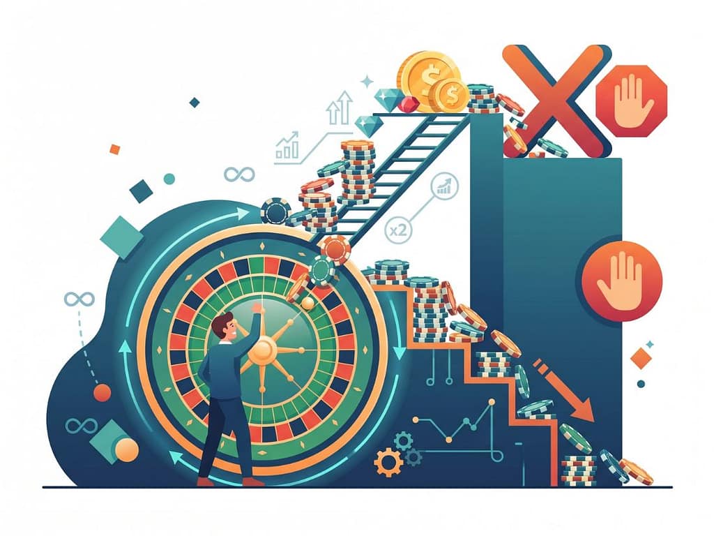 룰렛 시스템 베팅의 유혹: 필승 전략을 따르는 플레이어의 기대를 꺾는 테이블 리밋과 구조적 한계의 장벽을 시각화한 것.