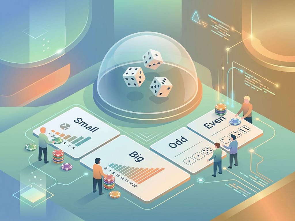 초보자들이 대소 및 홀짝 베팅 구역에서 식보 배당 구조를 분석하며 칩을 놓는 모습.