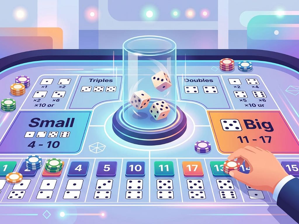 세 개의 주사위와 Small/Big 베팅 영역이 명확히 구분된 식보 테이블 구성 및 베팅 방법 시각 자료.