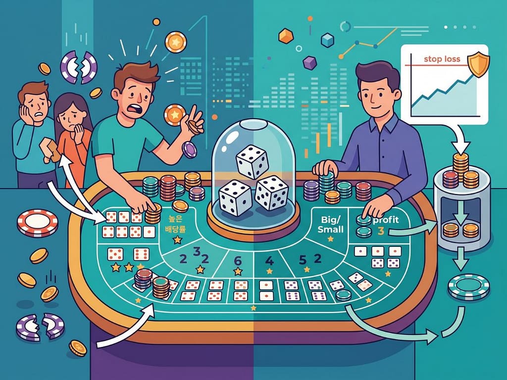 식보 테이블에서 고배당의 함정과 대소 베팅 기반의 체계적인 시드머니 관리 방식을 대조하여 보여주는 장면.