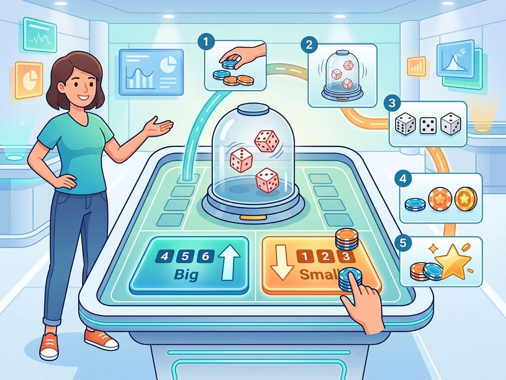 식보 테이블에서 주사위 쉐이커와 대소 베팅 구역을 설명하며 입문자에게 다이사이 게임 방법을 안내하는 장면.