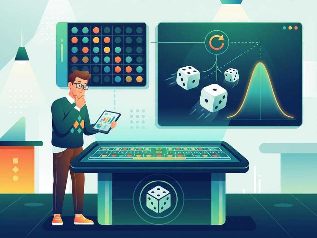 식보 흐름의 실체를 파악하기 위해 주사위의 독립 시행 확률과 결과 데이터를 분석하는 모습.