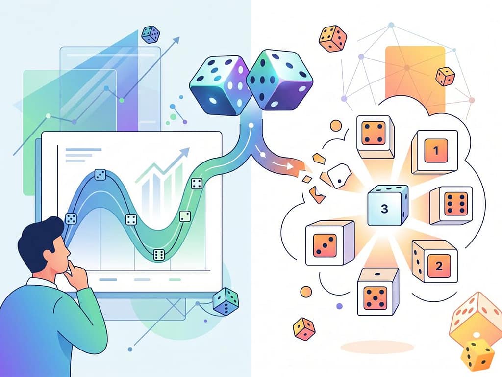 전광판의 흐름과 무관하게 매 판 독립 시행으로 결과가 결정되는 주사위의 확률적 무작위성을 분석하는 모습.