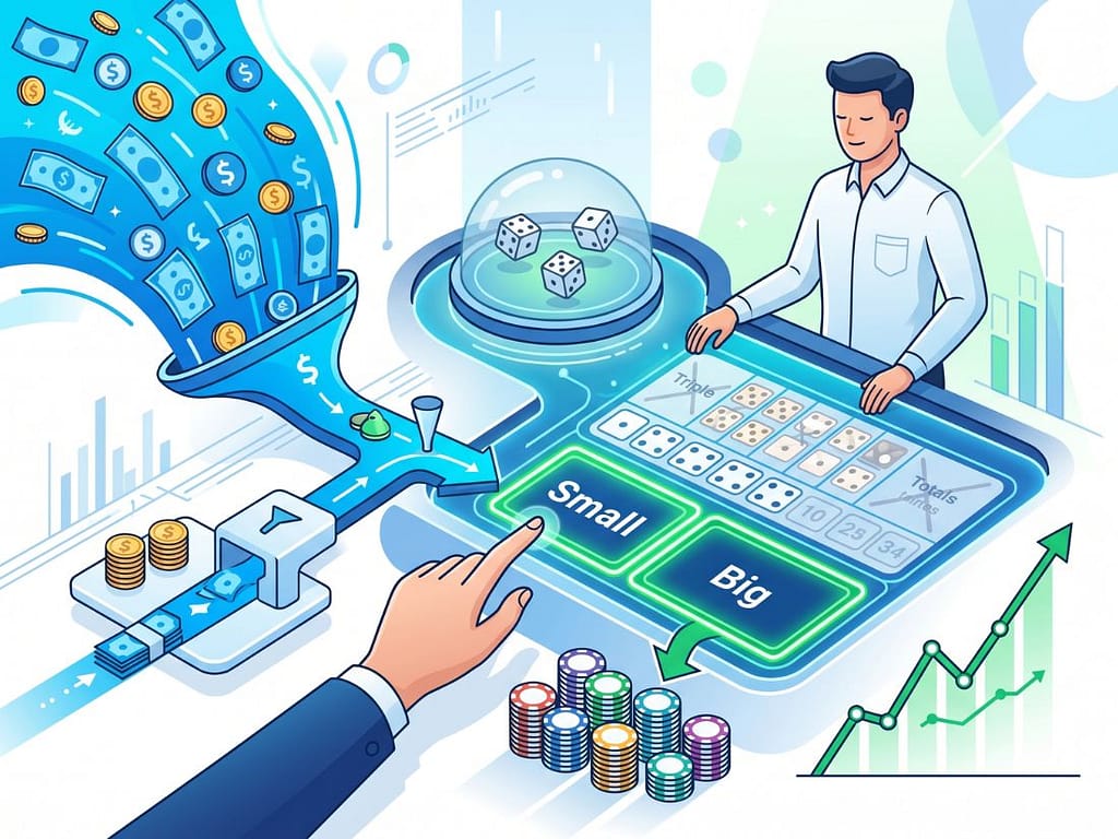 데이터 차트와 칩을 활용하여 식보 승률을 높이기 위한 최적의 자산 관리와 베팅 구역을 선택하는 장면.