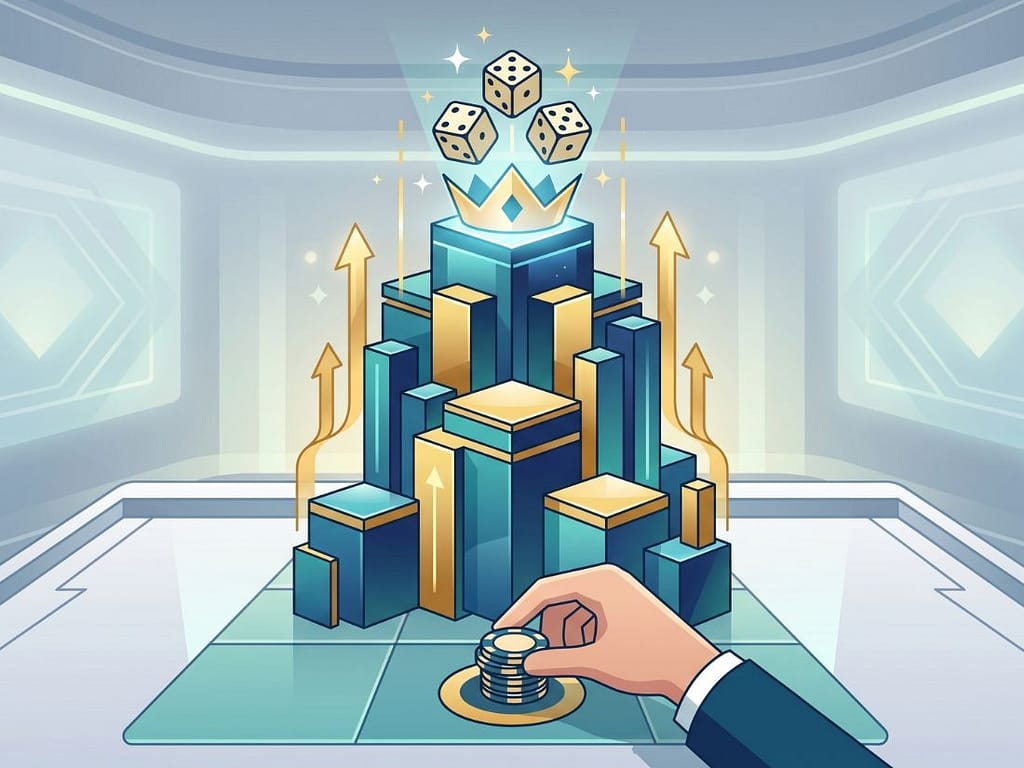 정장을 입은 손이 베팅 칩을 배치하고, 식보 트리플 베팅 성공을 상징하는 왕관과 주사위 타워가 빛나는 모습.