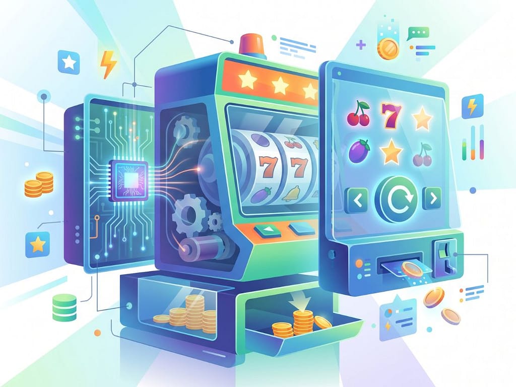 슬롯머신 기본 구조인 릴과 심볼, 내부 연산 칩셋의 유기적인 결합을 상세히 묘사한 시각 자료.