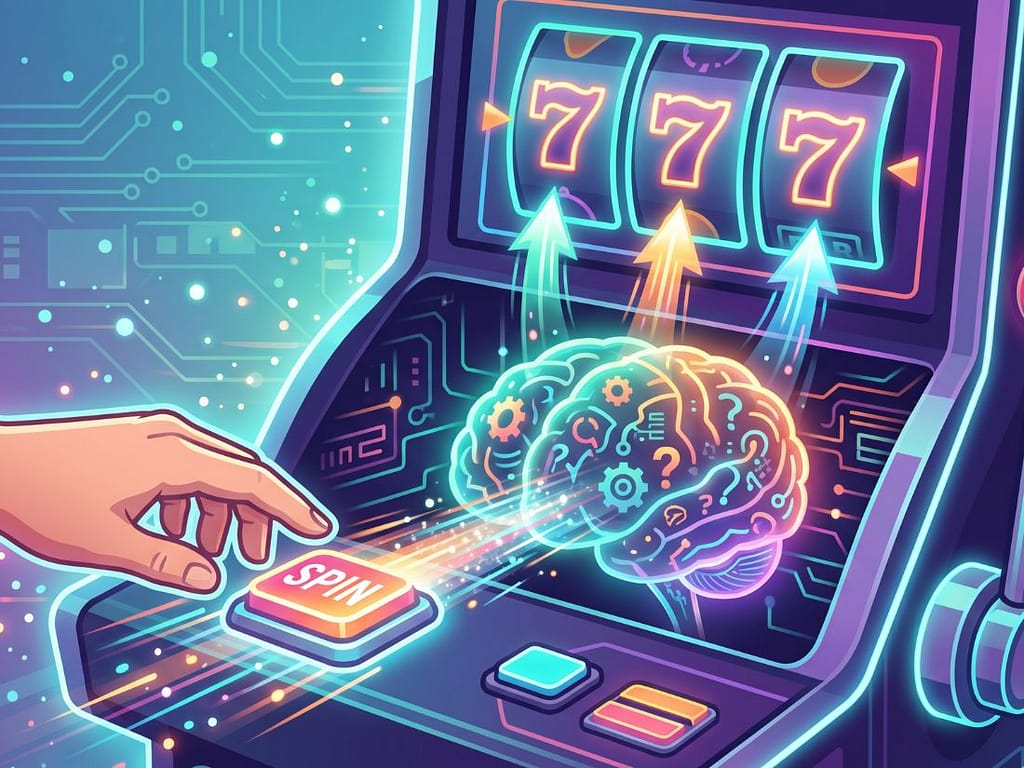 슬롯머신 스핀 버튼을 누르는 손, 내부 연산(뇌)을 거쳐 당첨 조합 '777'이 즉시 결정되는 작동 원리.