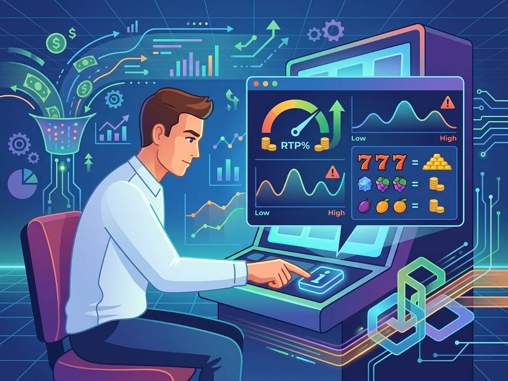 슬롯머신 하단의 정보 버튼을 눌러 실시간 RTP와 변동성 데이터를 꼼꼼히 확인하는 플레이어의 모습.