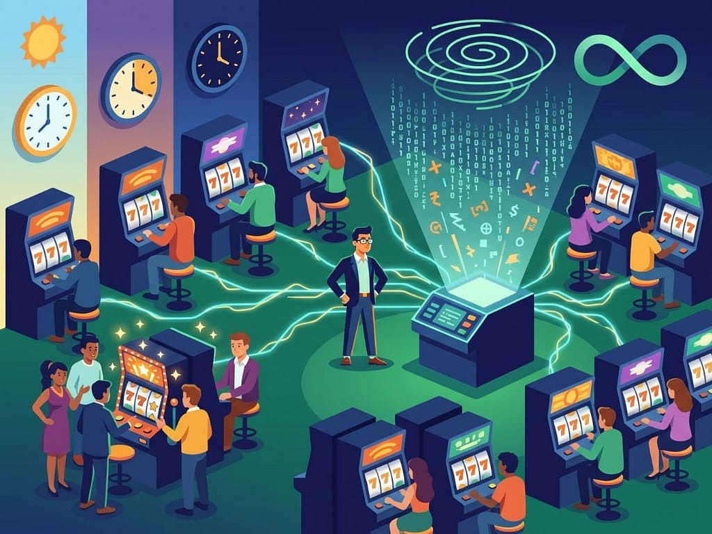 카지노 슬롯머신 명당자리와 잘 터지는 시간의 근거 없음을 보여주는 무작위 숫자 생성기 작동 원리 시각화.