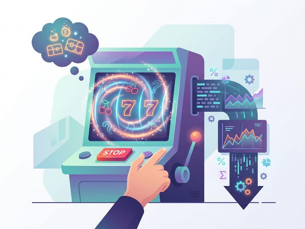 슬롯머신의 수학적 확률 데이터와 그래프를 기반으로 멈추는 타이밍을 결정하는 모습.