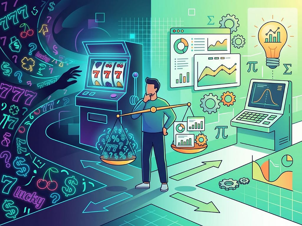 슬롯머신 미신과 객관적인 데이터를 저울질하며 합리적인 판단을 내리는 플레이어의 모습.