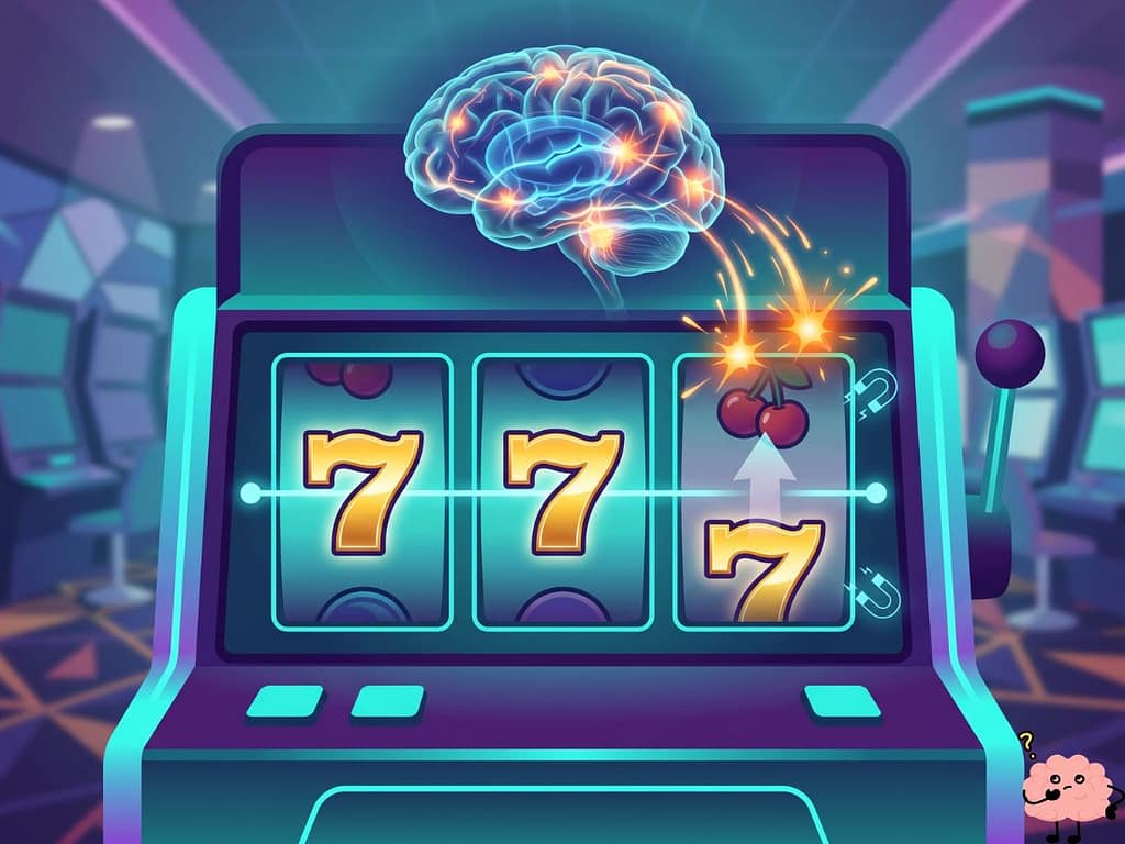 잭팟 기호가 아슬아슬하게 비껴간 상황에서 뇌가 반응하며 도파민을 자극하는 니어 미스 현상 시각화.