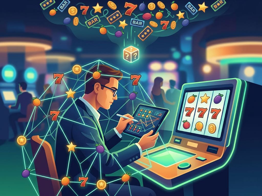 슬롯머신 앞에서 패턴을 분석하는 남자의 함정과 무작위 확률 시각화.