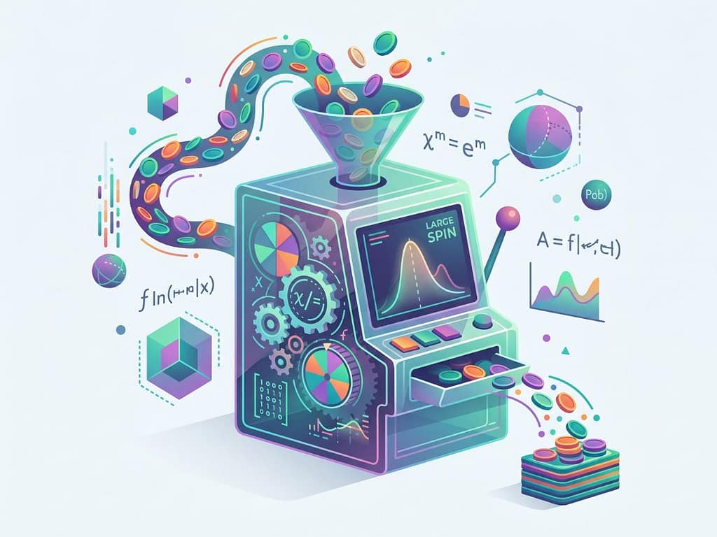 투입된 동전이 수학 기호와 그래프를 거쳐 슬롯머신 환수율(RTP) 확률에 따라 산출되는 수학적 원리 과정.