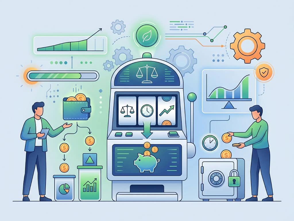 슬롯머신 플레이 자산을 전략적으로 분배하고 금고와 저울 지표를 통해 리스크를 통제하는 과정.