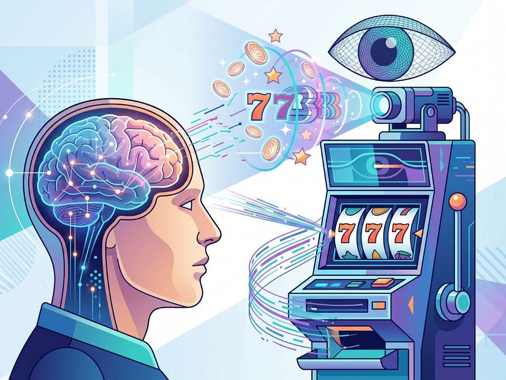 슬롯머신 시각적 연출로 인한 니어 미스 현상과 뇌의 심리적 착각 반응 시각화.