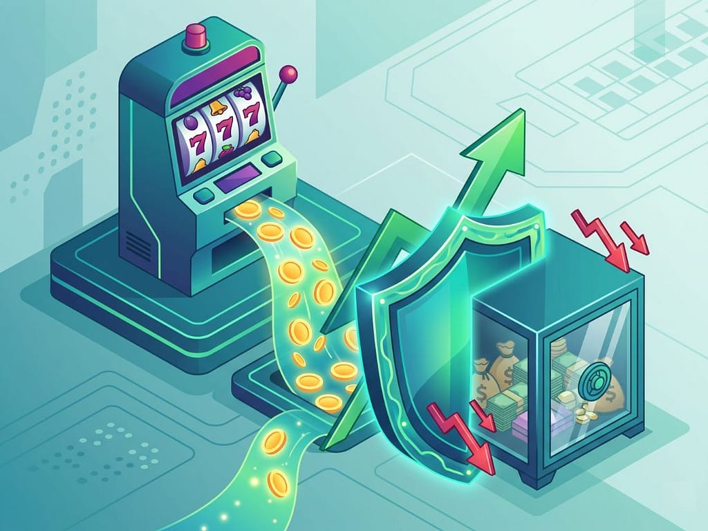 슬롯 RTP(환수율) 개념을 시각화하여, 대형 방패가 하강 위험으로부터 금고 속 자산을 지키는 모습을 묘사한 현대적인 벡터 디자인.