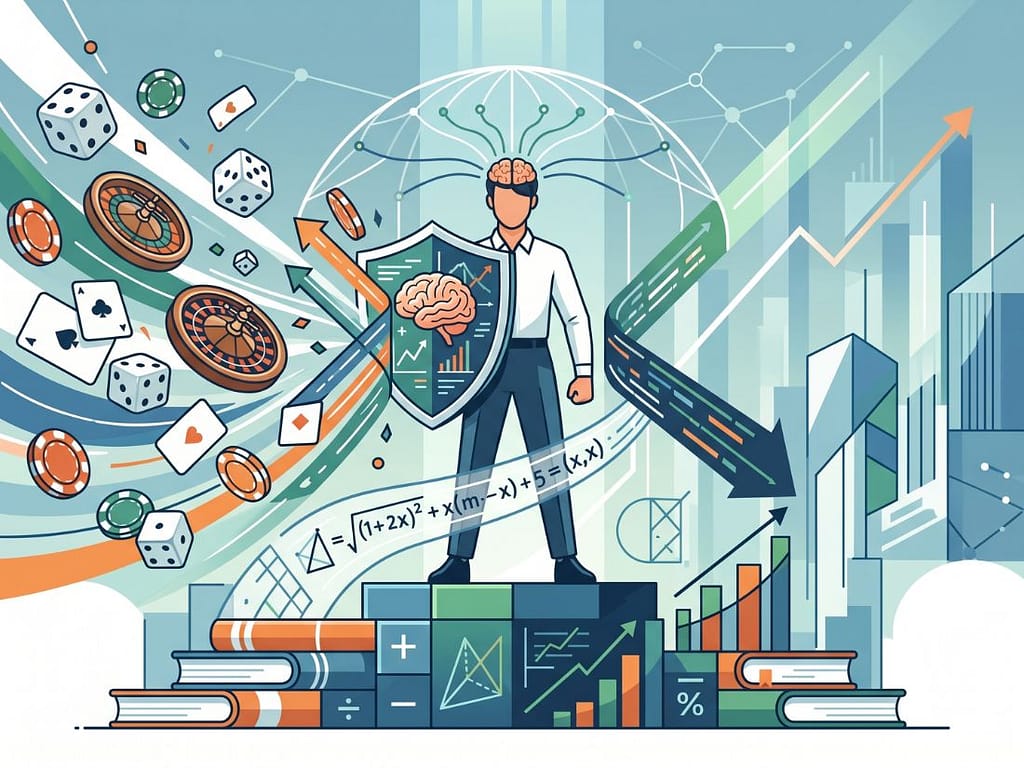 책과 데이터 위에 선 남성이 확률 구조 분석 방패로 카지노 게임 불확실성을 차단하는 안정적인 모습.