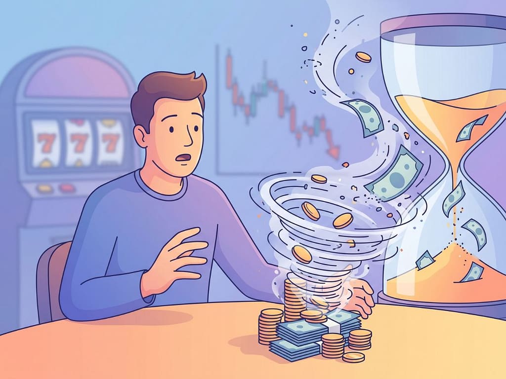 남자가 걱정하는 표정으로 시드머니가 회오리에 휩쓸려 모래시계와 슬롯머신 뒤로 순식간에 사라지는 모습을 봅니다.