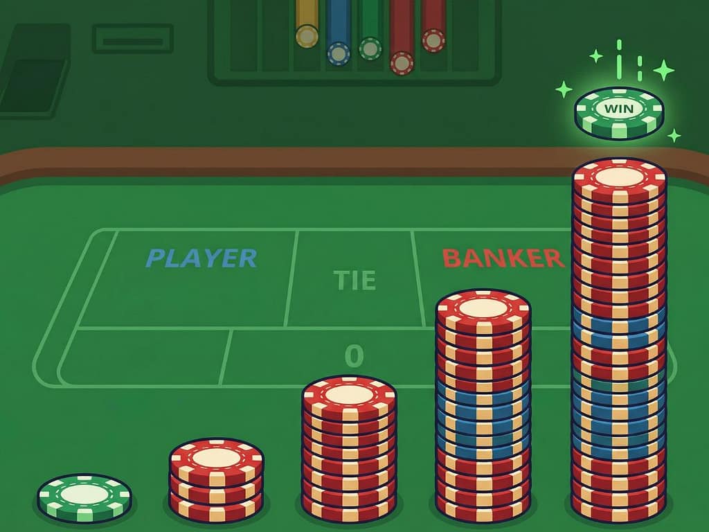 바카라 마틴게일 전략의 2배수 배팅 원리를 보여주는 카지노 칩 증가 개념도