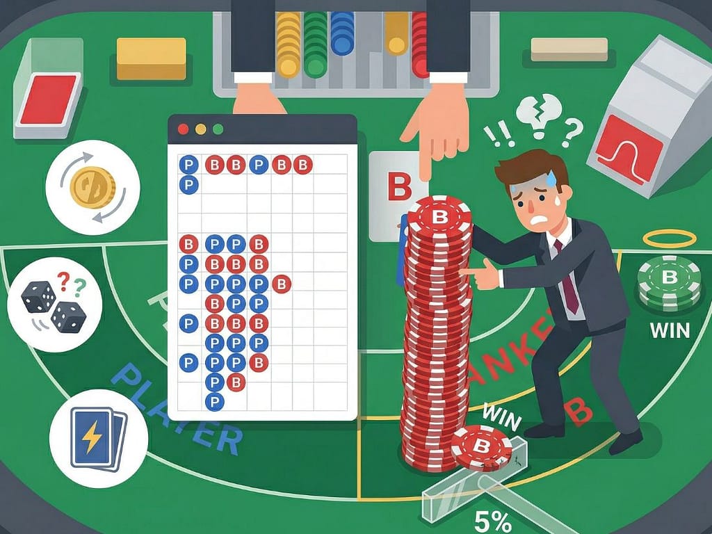 바카라 마틴게일 베팅 시 주의해야 할 도박사의 오류와 5% 수수료 리스크 개념도