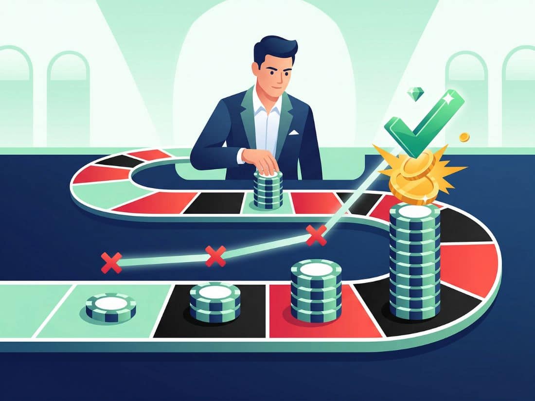 룰렛 테이블에서 마틴게일 베팅법에 따라 칩을 늘려 걸으며 연패 후 단 한 번의 승리로 모든 손실을 복구하는 원리 시각화.